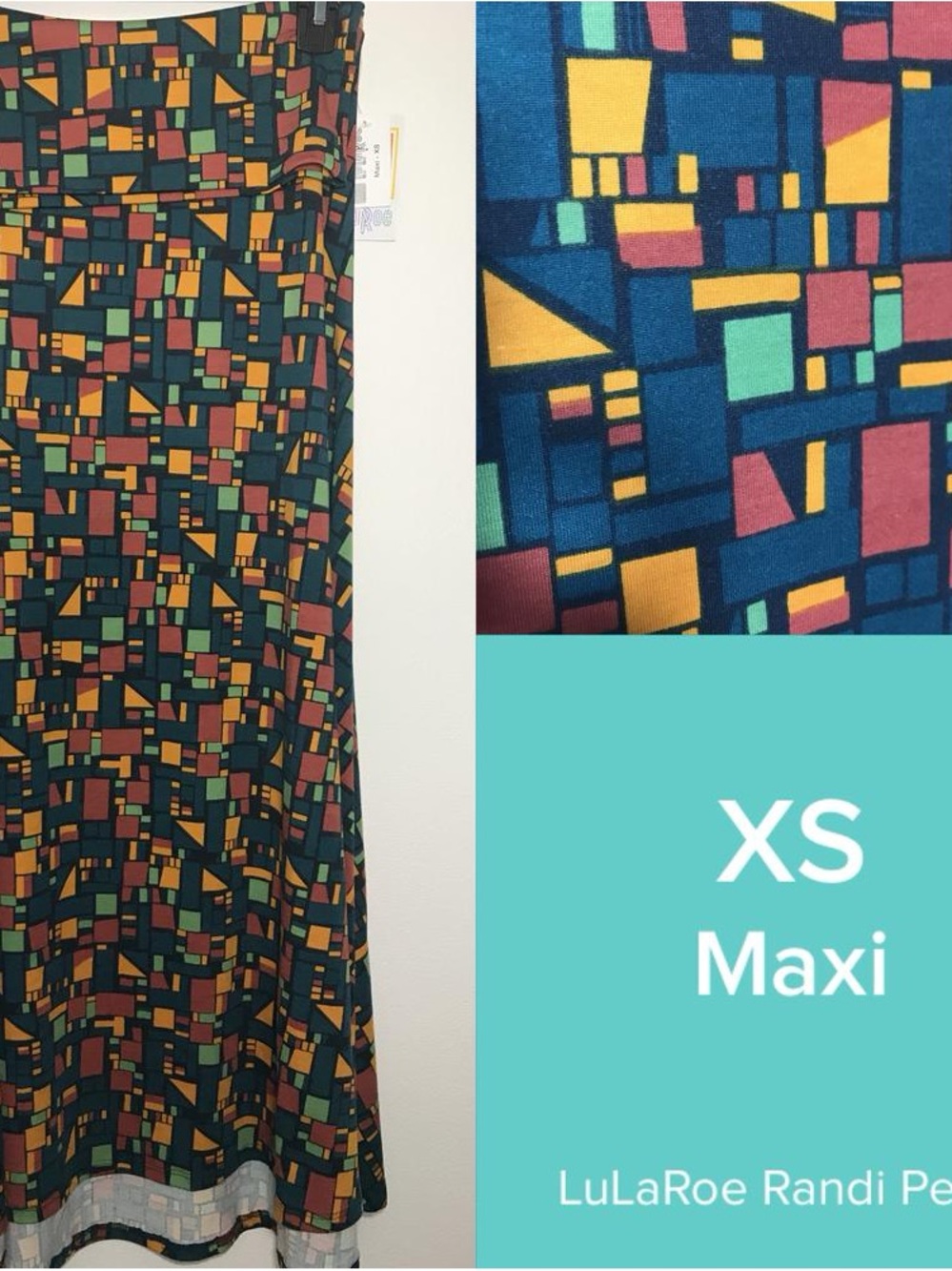 LuLaRoe Maxi Skirt in Teal, Mustard, Coral and Navy Geometric Print